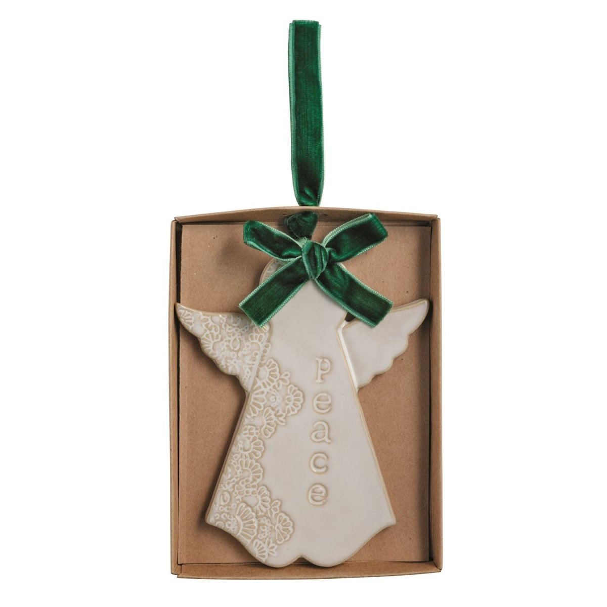 Ceramic angel ornament with reactive glaze and a velvet ribbon bow