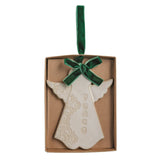 Ceramic angel ornament with reactive glaze and a velvet ribbon bow