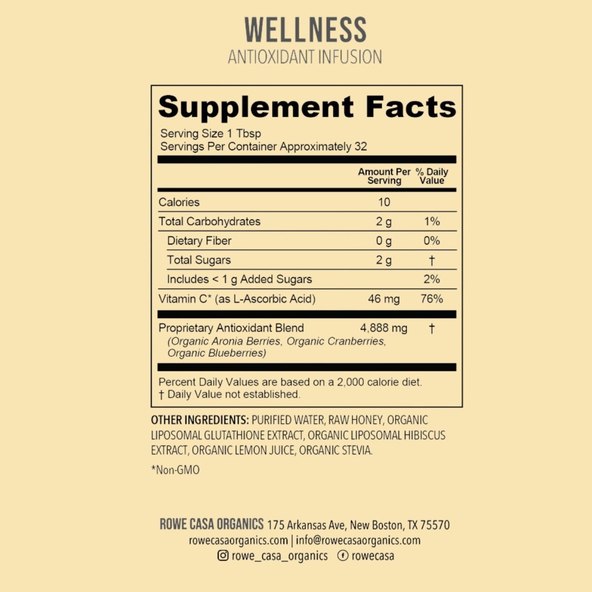 Supplement facts label for Rowe Casa wellness Antioxidant Infusion product with nutritional information on a beige background.