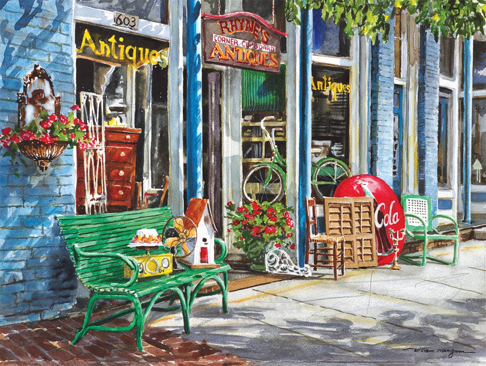 Jigsaw puzzle box for Antique Row, featuring an antique storefront window