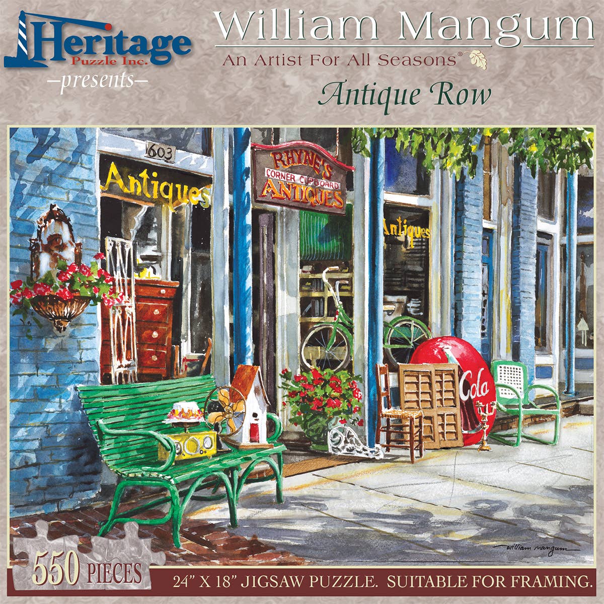 Jigsaw puzzle box for Antique Row, featuring an antique storefront window