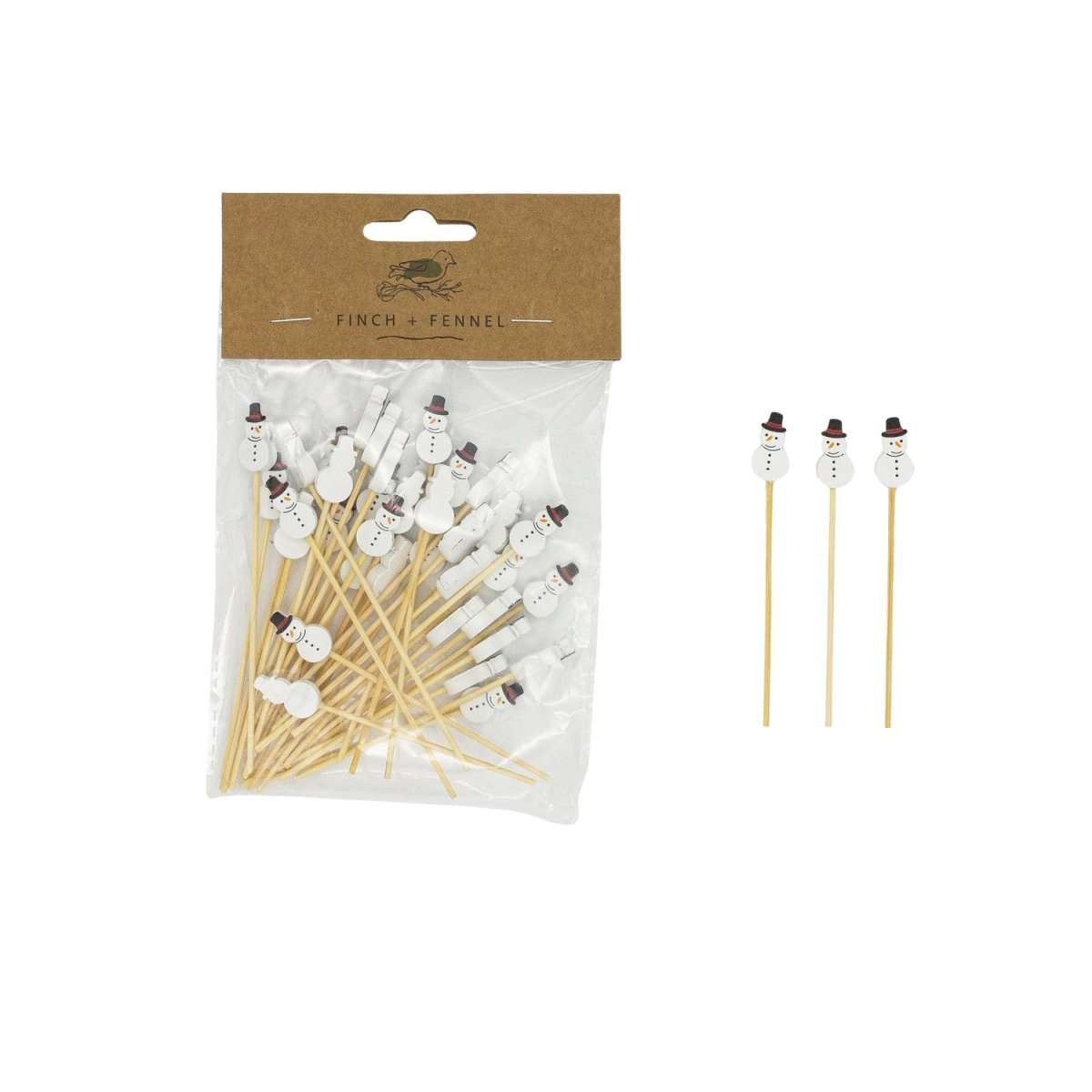A set of fifty bamboo single-use picks with snowman-shaped handles in natural, white, and black