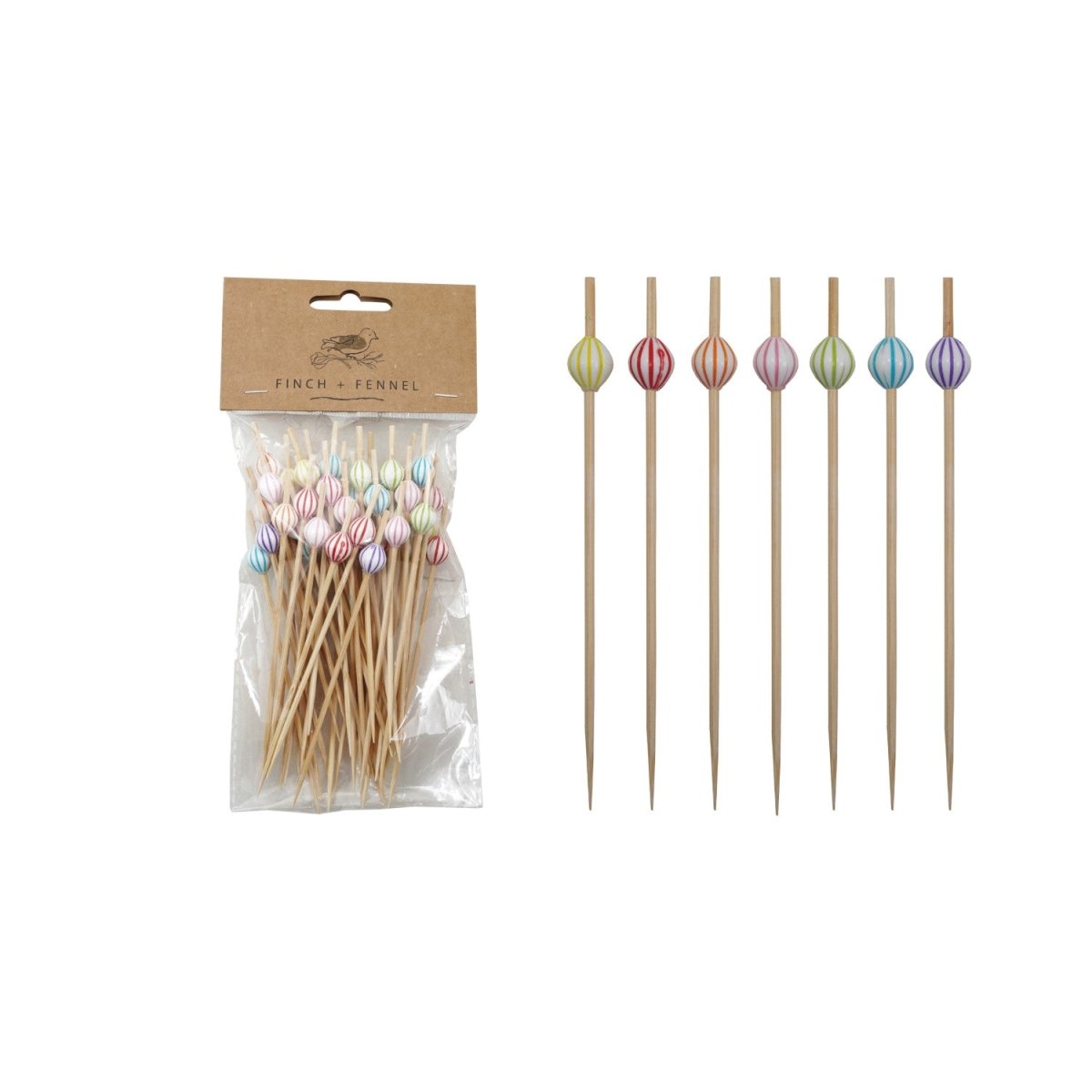 Bamboo single-use picks with striped ball handles, set of fifty