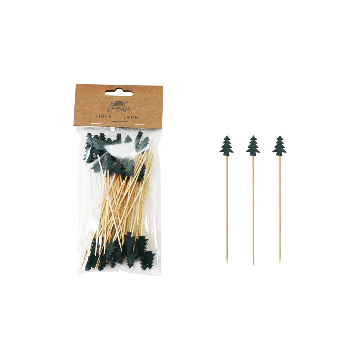 A set of fifty bamboo single-use skewers with tree-shaped handles