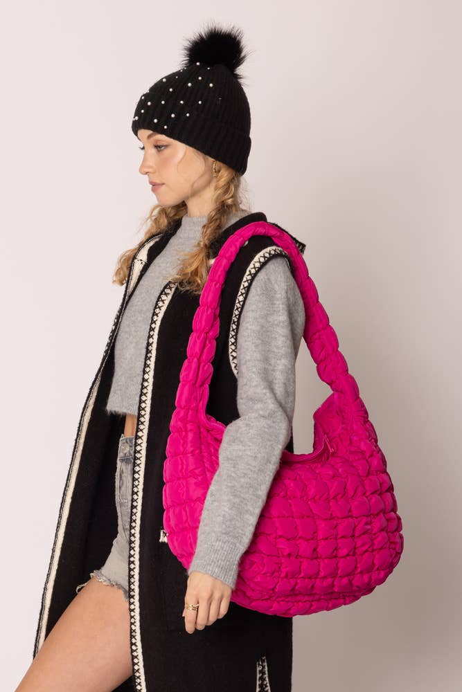 Cora Large Quilted Puffer Tote Bag: Fuchsia