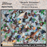 Jigsaw puzzle box for Beach Treasure, featuring colorful sea glass on the shore