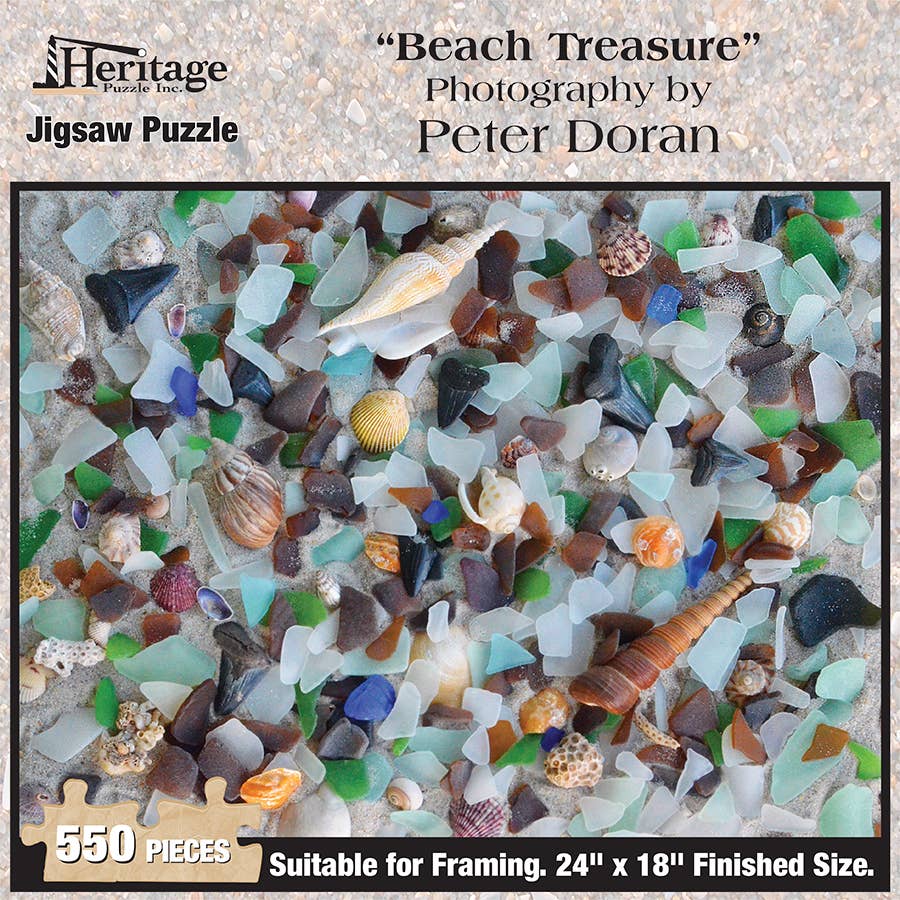 Jigsaw puzzle box for Beach Treasure, featuring colorful sea glass on the shore