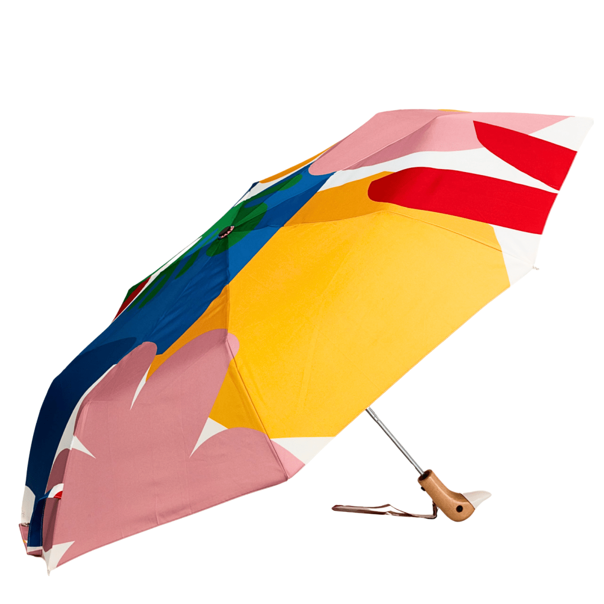 Colorful umbrella with a wooden handle on a white background