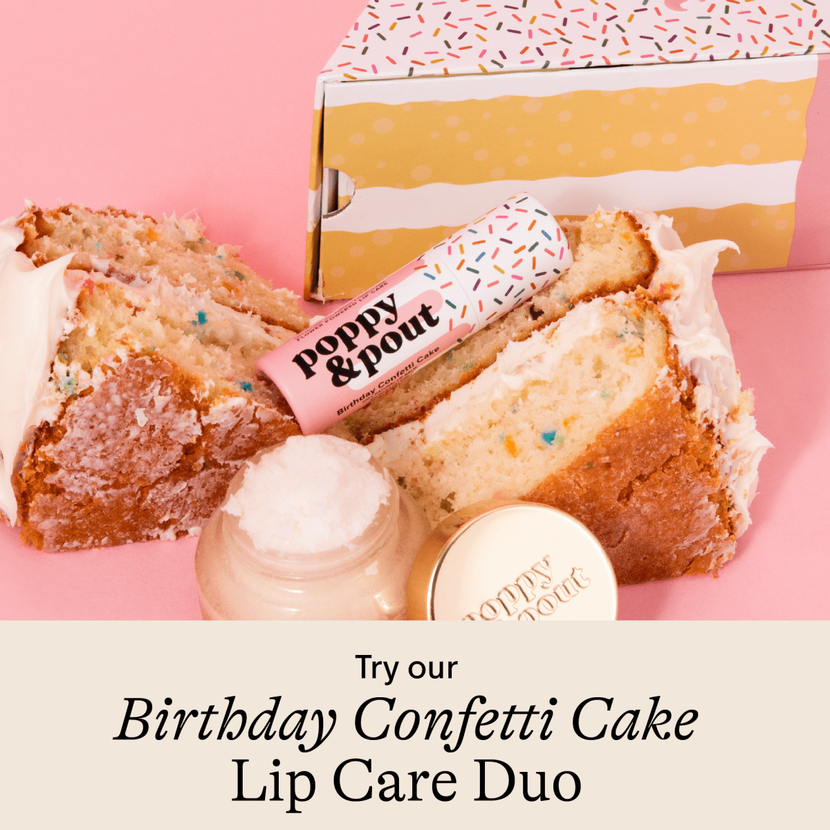Birthday Confetti Cake Lip Balm | Poppy & Pout - Pages & Parcels