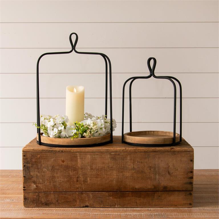 Black Open Lanterns With Round Wood Base - Pages & Parcels