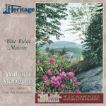 Jigsaw puzzle box for Blue Ridge Majesty, featuring a mountain view from Grandfather Mountain