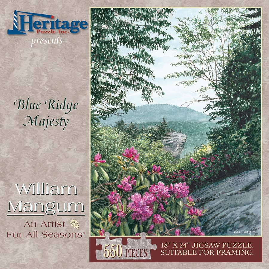 Jigsaw puzzle box for Blue Ridge Majesty, featuring a mountain view from Grandfather Mountain