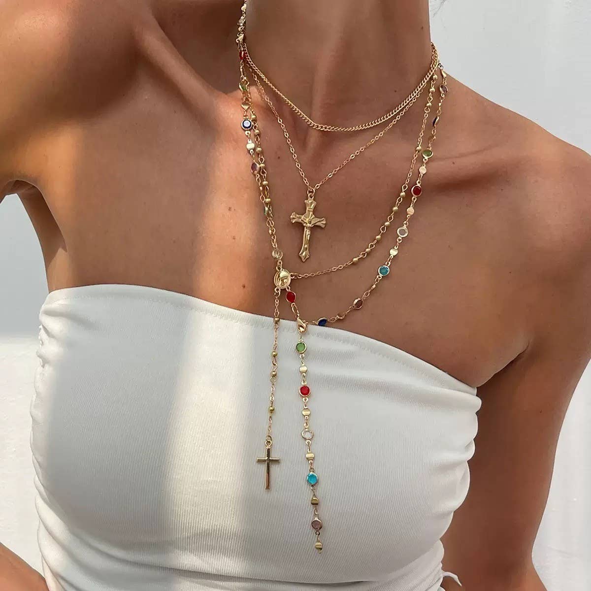 Boho Y-shaped multi stone cross lariat necklace