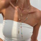 Boho Y-shaped multi stone cross lariat necklace