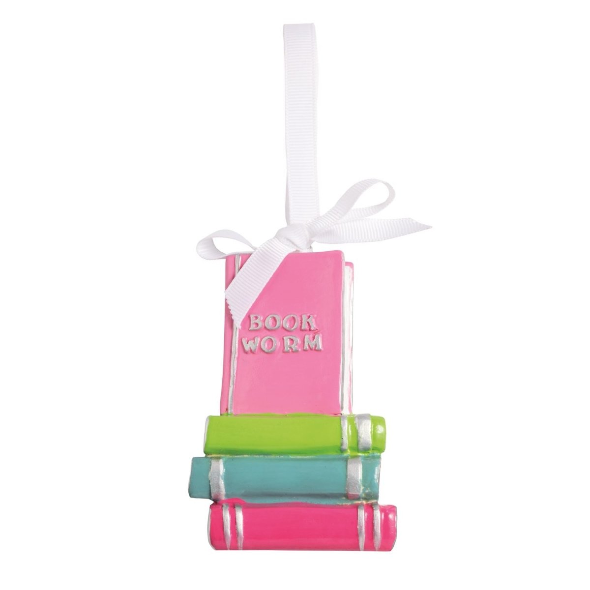 Enamel-coated bookworm ornament with a grosgrain ribbon hanger