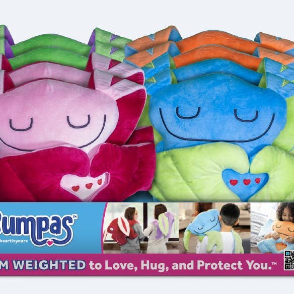 Colorful weighted cushions with cartoon faces and 'Bumpas' branding.