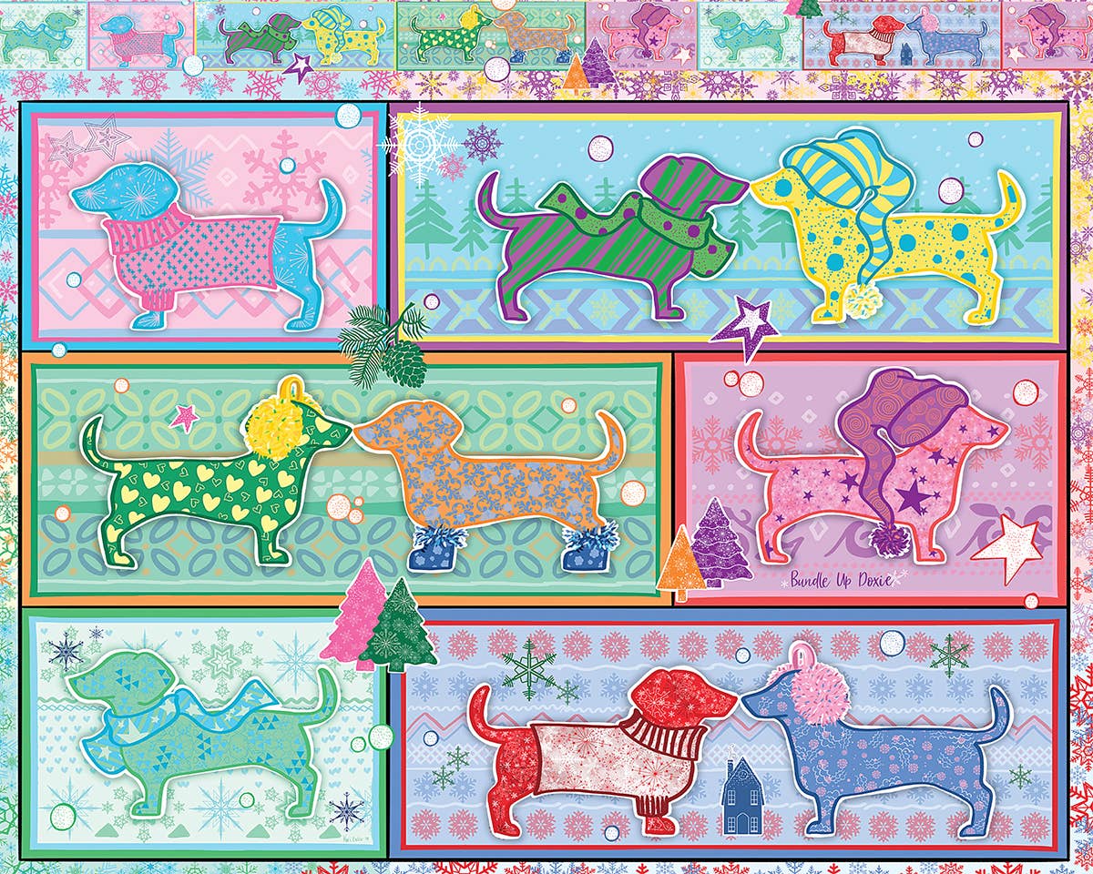 Jigsaw puzzle box for Bundle Up Doxie, featuring a bundled-up Dachshund in winter scenes
