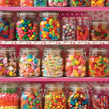 Shelf with various jars of colorful candies against a pink polka dot background