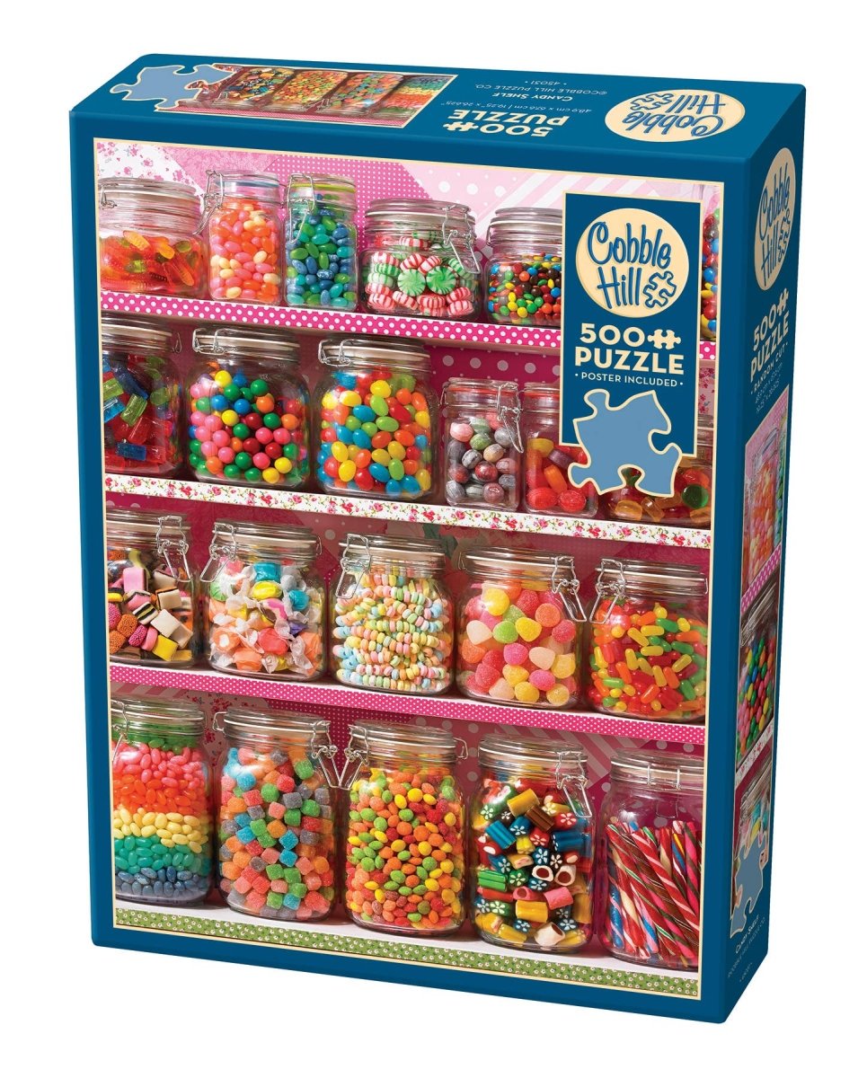 Bobble Hill 500-piece jigsaw puzzle box featuring a colorful display of candy jars on a pink shelf, shown on a white background.