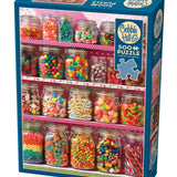 Bobble Hill 500-piece jigsaw puzzle box featuring a colorful display of candy jars on a pink shelf, shown on a white background.