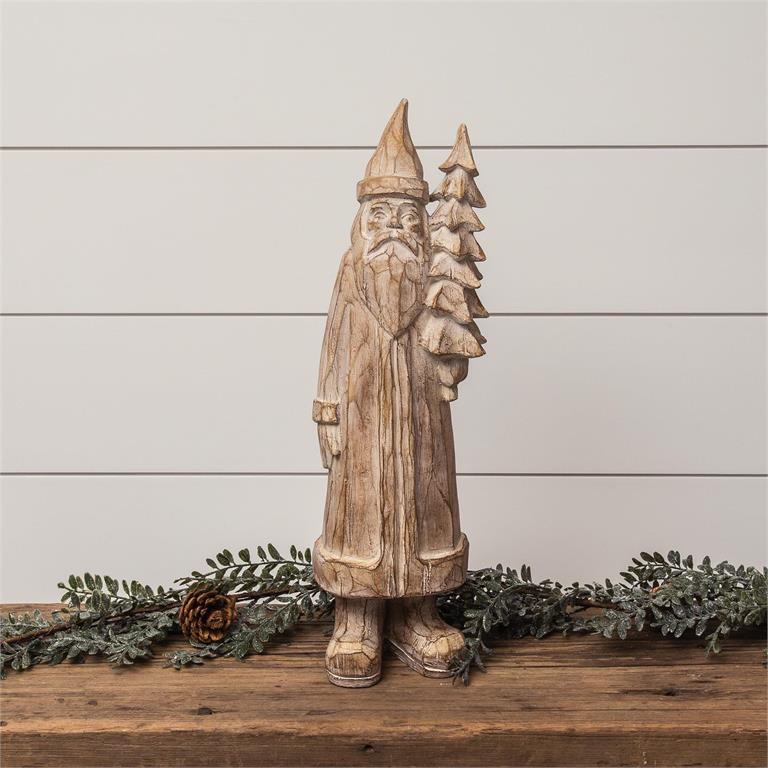 Carved Santa Holding Tree Figurine - Pages & Parcels