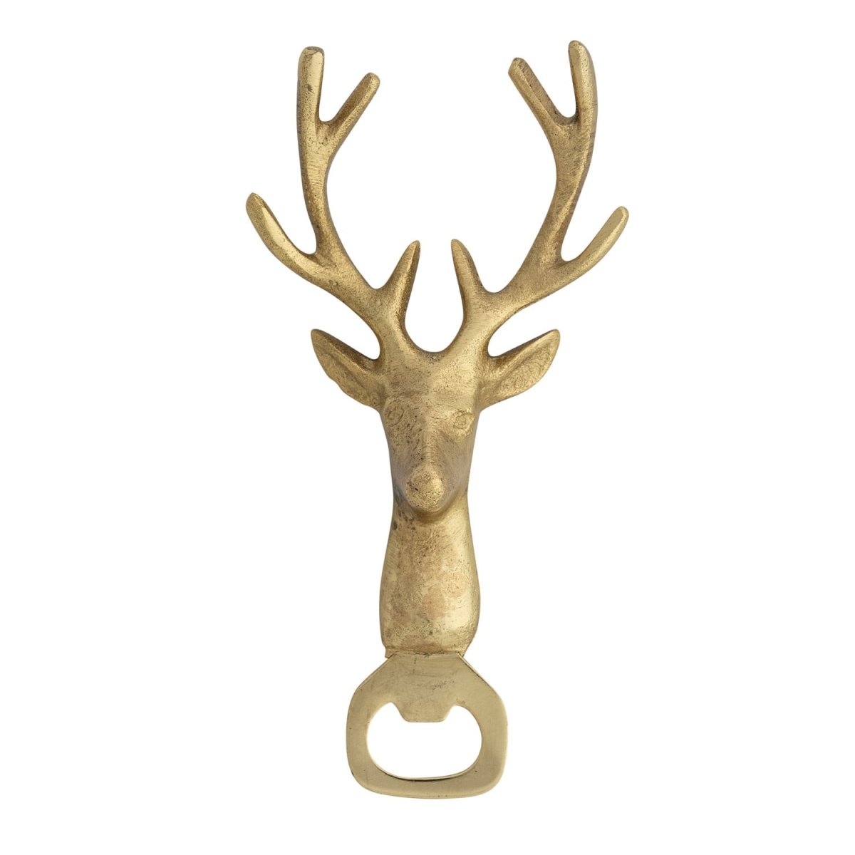 Deer head shaped bottle opener in cast aluminum with a gold finish
