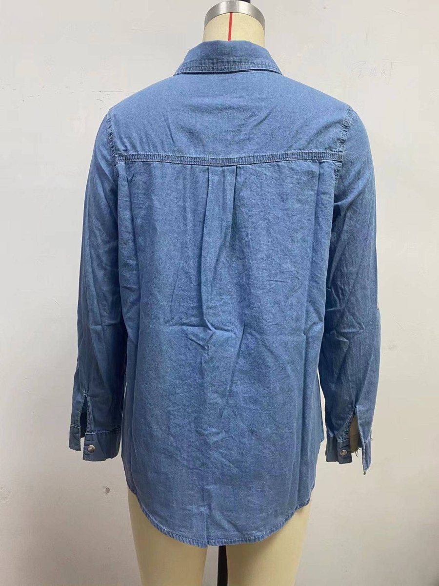 Casual Lapel Long Sleeve Denim Shirt Women N6D064 - Pages & Parcels