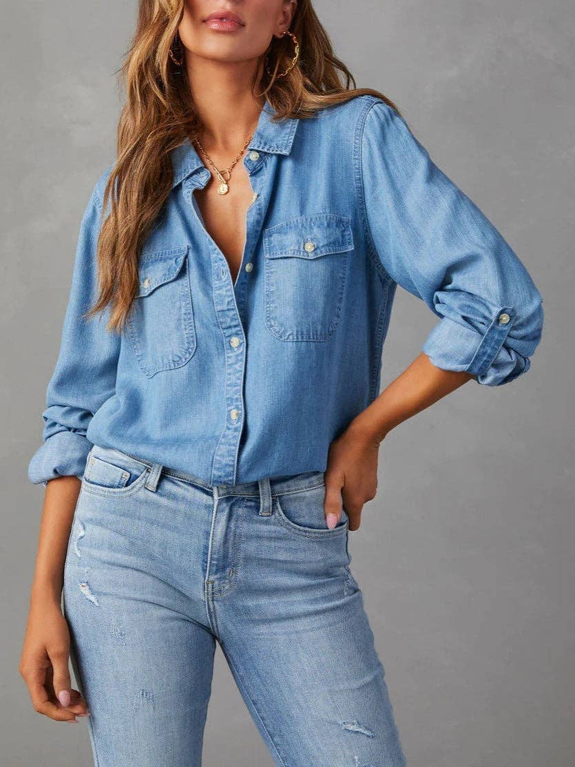 Casual Lapel Long Sleeve Denim Shirt Women N6D064 - Pages & Parcels