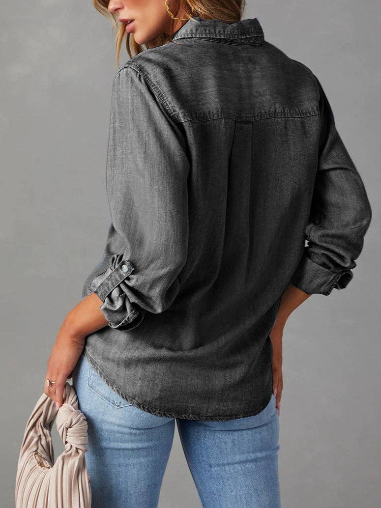 Casual Lapel Long Sleeve Denim Shirt Women N6D064 - Pages & Parcels