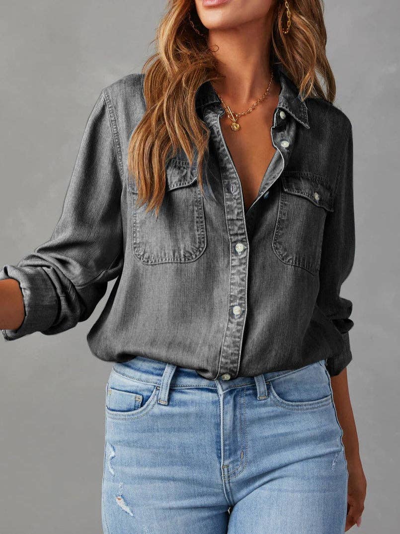 Casual Lapel Long Sleeve Denim Shirt Women N6D064 - Pages & Parcels
