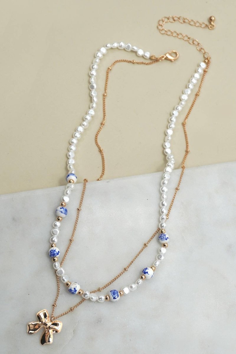 Ceramic Pearl Bow Layer Necklace - Pages & Parcels