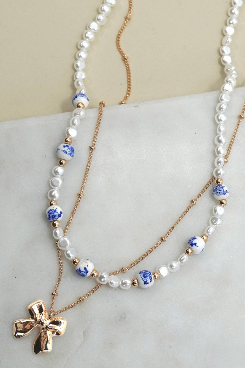 Ceramic Pearl Bow Layer Necklace - Pages & Parcels