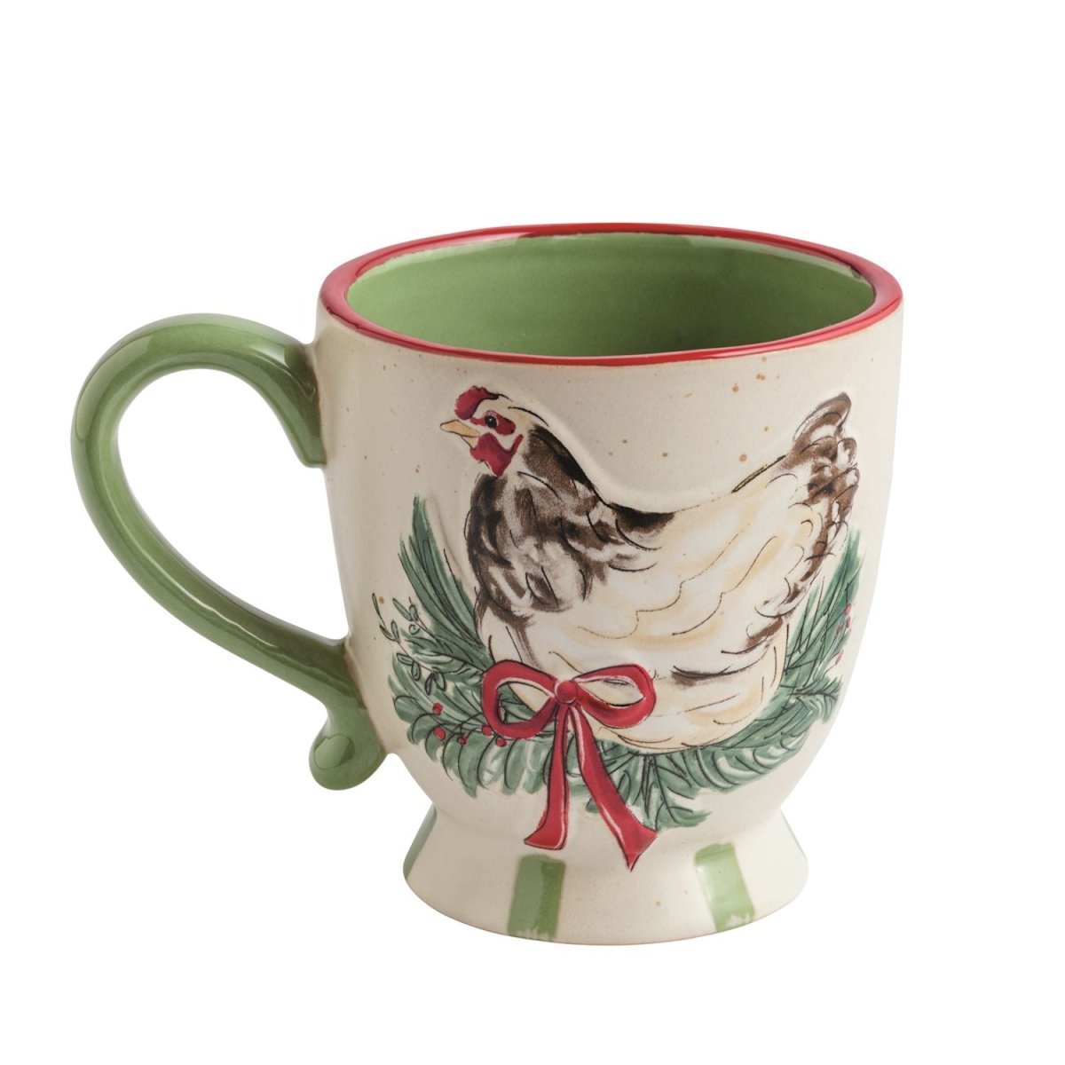 Hand-painted speckled stoneware mug with a raised chicken design and pedestal base