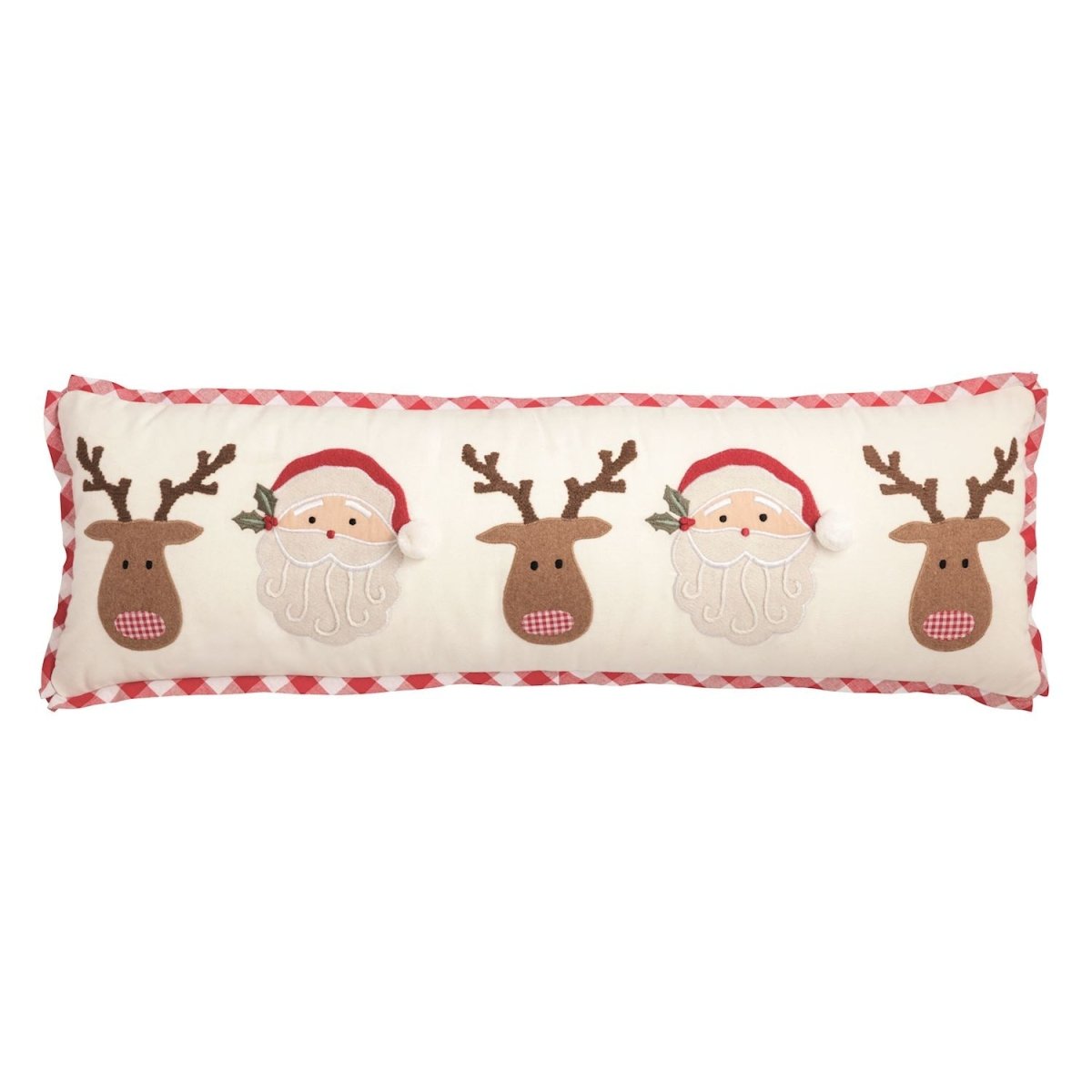 Long canvas holiday pillow with felt appliques and gingham trim