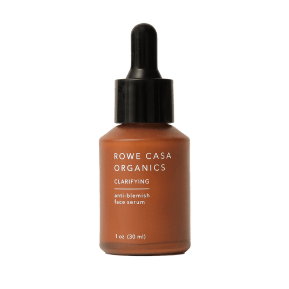 Rowe Casa Organics clarifying anti-blemish face serum bottle on a white background