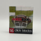 Box of 'watchitude' 16 click blocks magnetic sports puzzle with a football design.