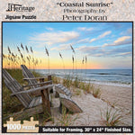 Jigsaw puzzle box for Coastal Sunrise, featuring a pink and gold sunrise over the beach