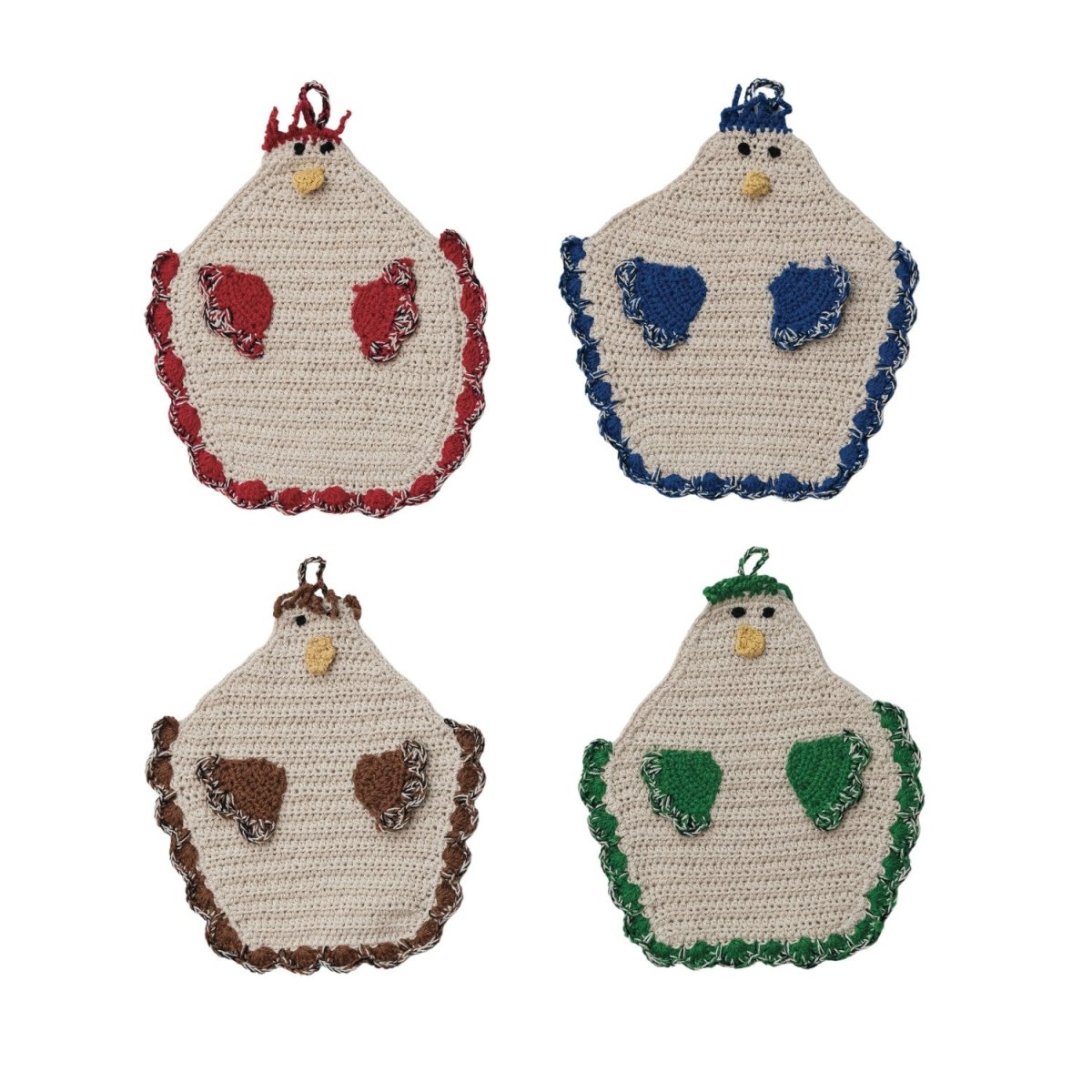 Chicken-shaped cotton crocheted pot holder with a hanging loop