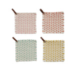 Cotton crocheted pot holder with a leather loop, four styles
