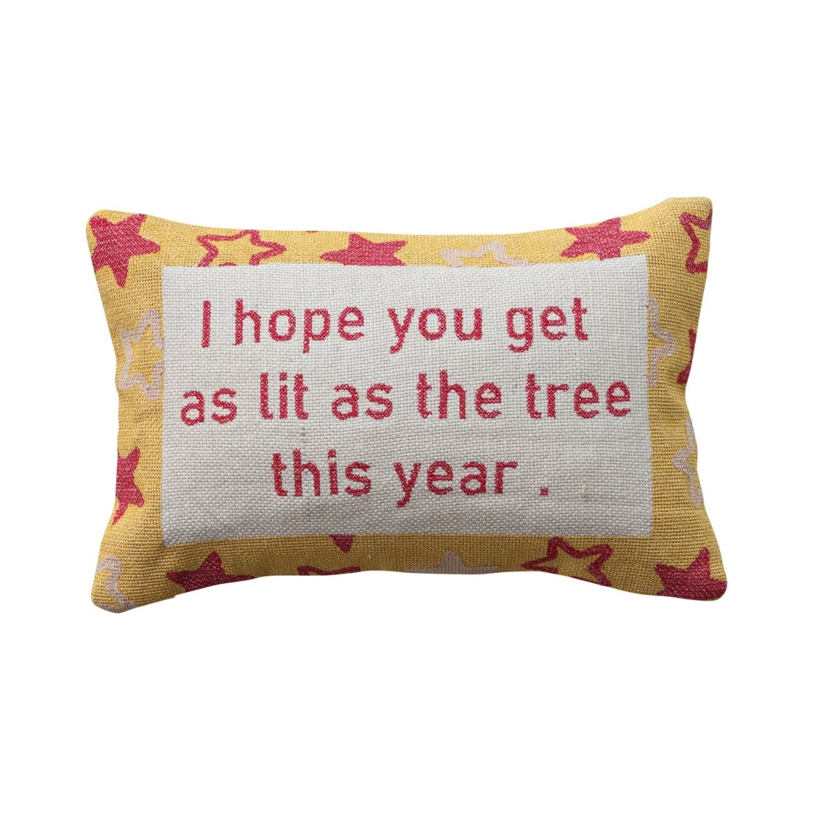 Embroidered lumbar pillow with a star pattern and holiday saying