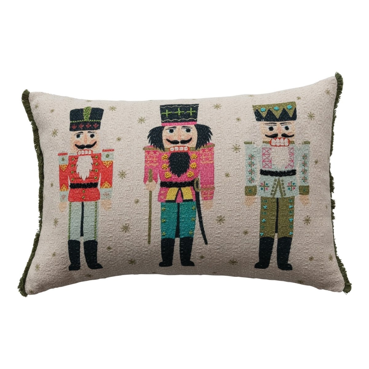 A cotton slub lumbar pillow with a printed design and eyelash fringe trim