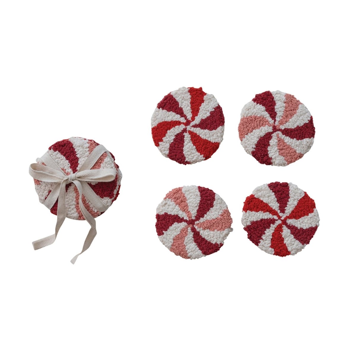 Set of four tufted candy-striped coasters in pink, red and white, tied with cotton tape