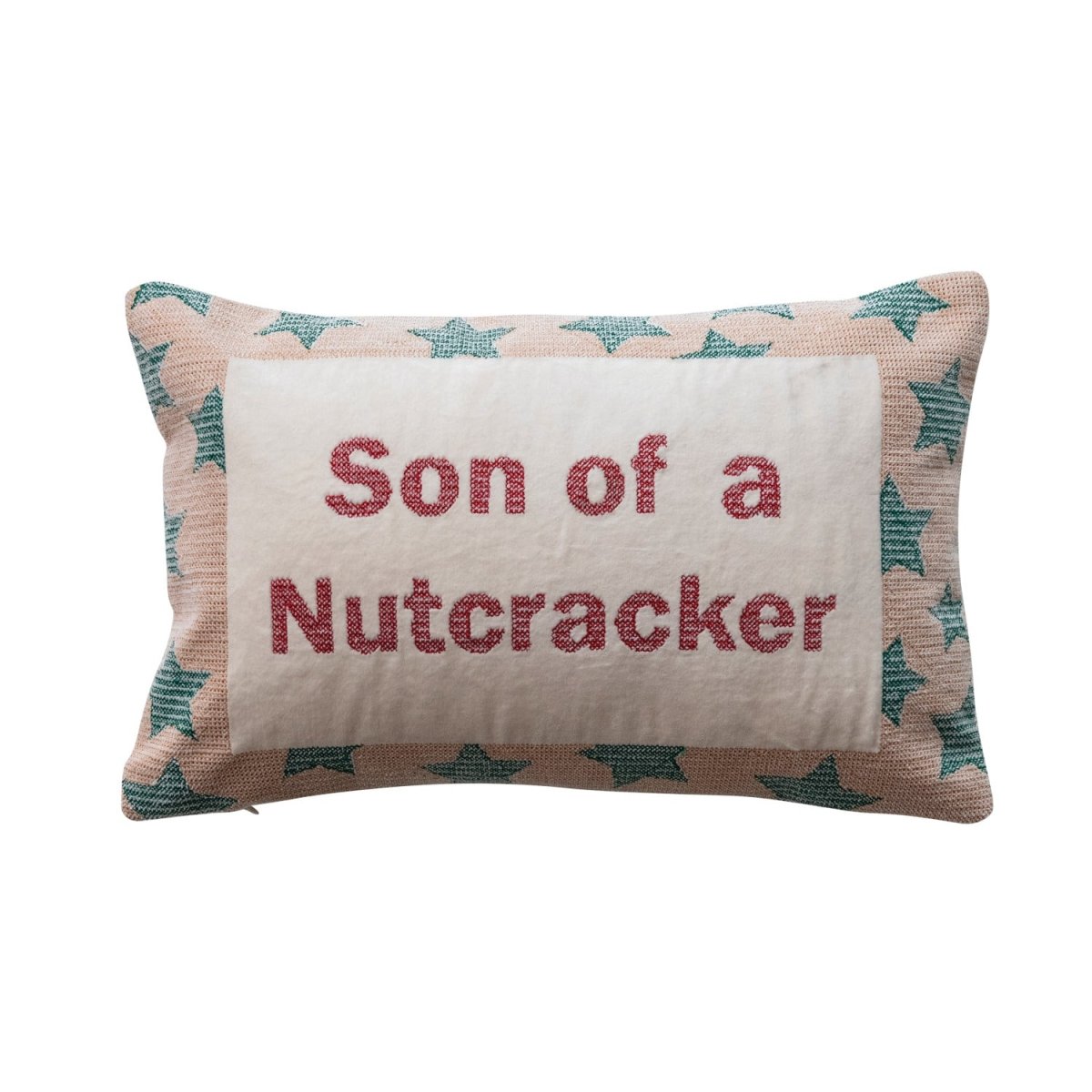 Cotton and velvet embroidered lumbar pillow with a star pattern and holiday saying