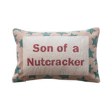 Cotton and velvet embroidered lumbar pillow with a star pattern and holiday saying