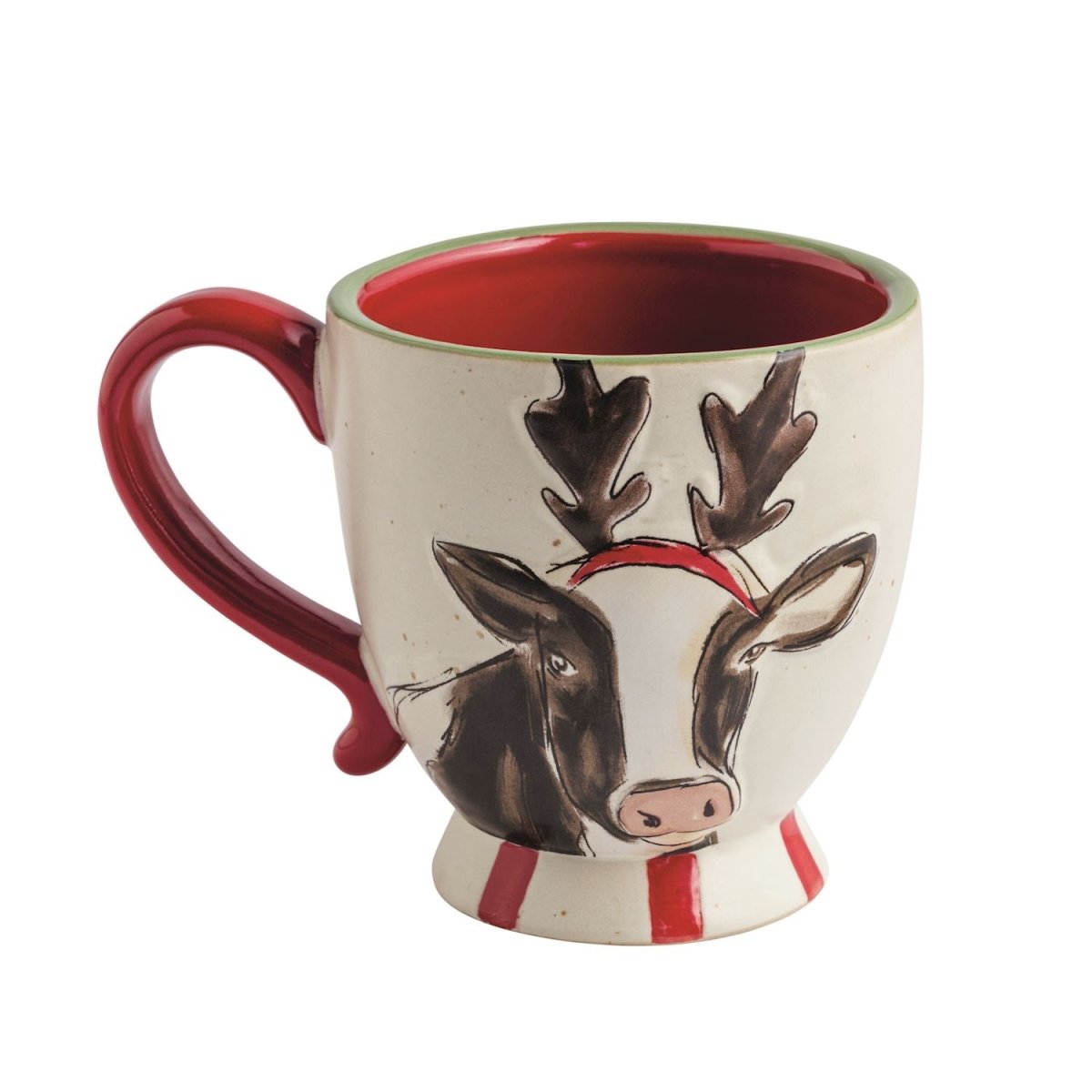 Hand-painted speckled stoneware mug with a raised cow design and pedestal base
