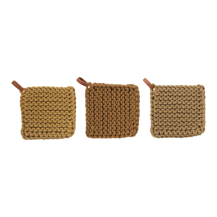 Crocheted Pot Holder with Leather Loop, 3 Colors - Pages & Parcels