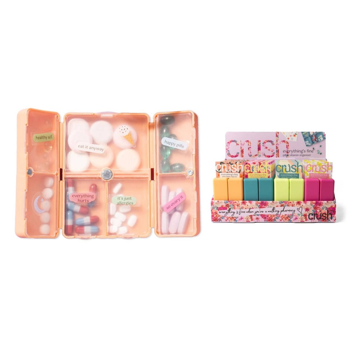 A Crush Everything's Fine pill and vitamin travel case