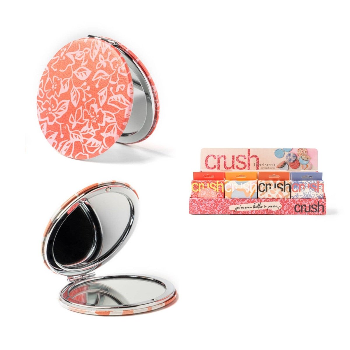 A round Crush I Feel Seen compact mirror with printed design