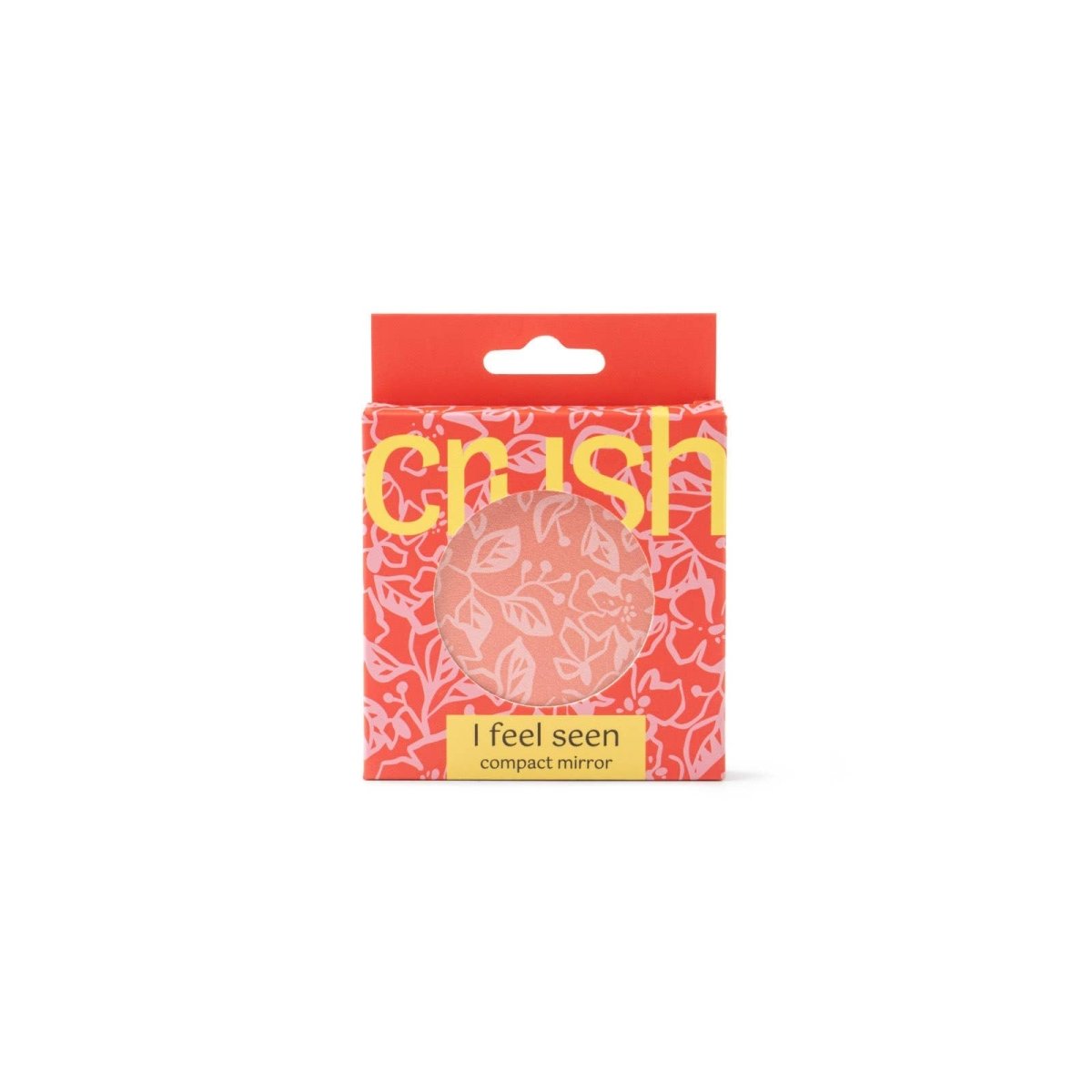 A round Crush I Feel Seen compact mirror with printed design