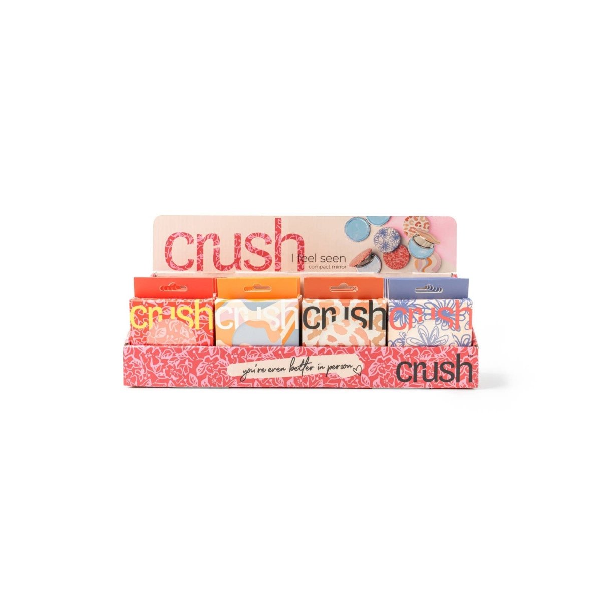 A round Crush I Feel Seen compact mirror with printed design